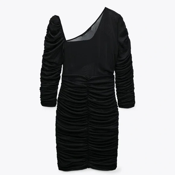 Zara Asymmetrical Draped Mini Black Dress - Picture 2 of 5